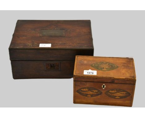 George III satinwood two division teak caddy (at fault), together with a 19th Century rosewood brass mounted jewel box (at fa