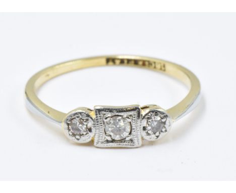 18ct Yellow gold three stone diamond ring, size K, 1.6g