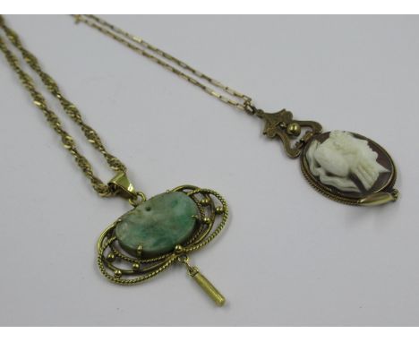 9ct Gold and cameo pendant on chain, together with a yellow metal and jade set pendant on a 9ct gold chain, 11g gross