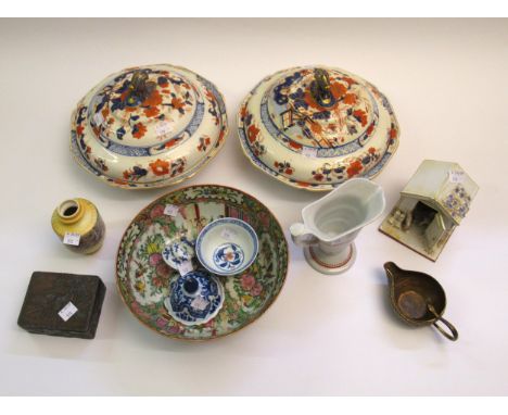 Chinese baluster form vase (at fault), green Celadon table lamp, pair of pottery tureens and a quantity of other ceramicsVari