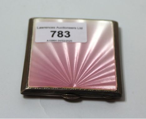 Silver and pink translucent enamel compact, 3oz t, together with a mahogany cased set of eighteen silver plated dessert knive