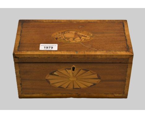 George III mahogany inlaid tea caddy (lacking interior) (at fault)