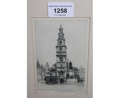 Small framed etching, view of St. Clement Danes Church, Strand, 12cms x 8cms, framed