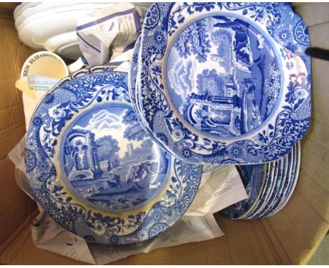 Large quantity of Copeland Spode blue and white transfer printed Italian pattern tablewareSome modern and some older. the yel