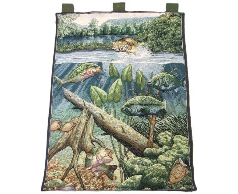 Machine woven tapestry decorated with fish, a woolwork panel, three handbags and various beaded evening bags and purses etc.