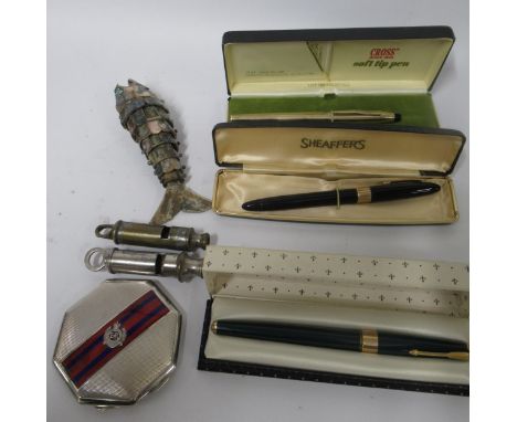 Silver and enamel decorated Royal Engineers compact, two City police whistles, and an abalone articulated figure of a fish, t
