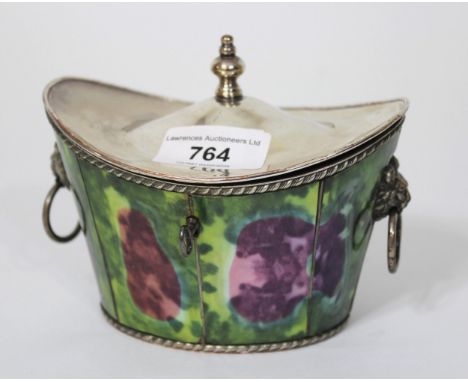 19th Century oval silver plated teapoy, later decorated with printed panels