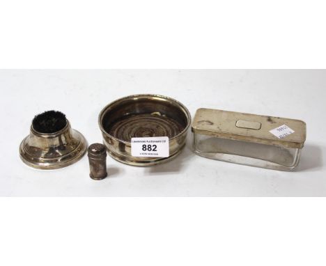 Small silver mounted wooden coaster, silver mounted brush wipe, silver and glass pin box, and a Chinese silver pepper, togeth