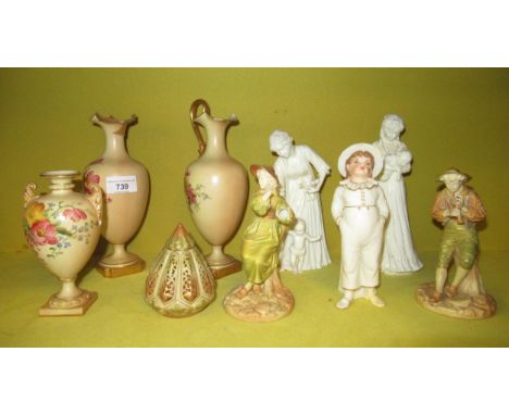 Group of five various Royal Worcester figures, three Royal Worcester blush ivory vases and a pot pourri (all with damages)