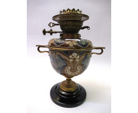 Edith D. Lupton for Doulton Lambeth, brass and gilt brass mounted stoneware oil lamp base, 30cm high excluding the glass chim