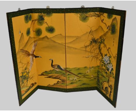 Chinese ebonised four fold draught screen, the panels painted with birds in foliage and signed with three character mark, 180