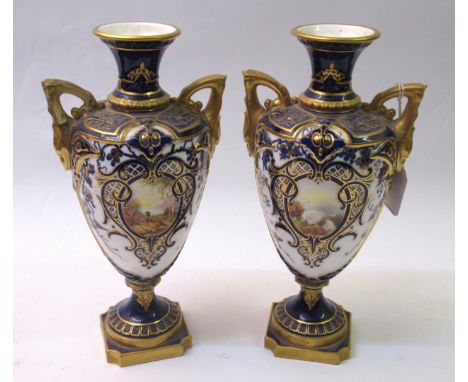Pair of Royal Worcester two handled pedestal vases painted with vignettes of game birds in landscapes (both at fault), 27cm h