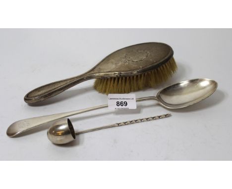 Victorian Scottish silver toddy ladle and a Sheffield silver basting spoon, 5.5oz t, together with a silver mounted hair brus