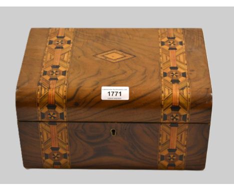 Walnut parquetry workbox, together with a 20th Century oak wheel barometer