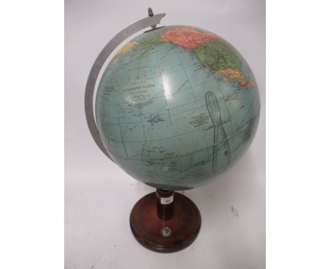 Philips standard globe on a wooden base with inset compass, 53cm high