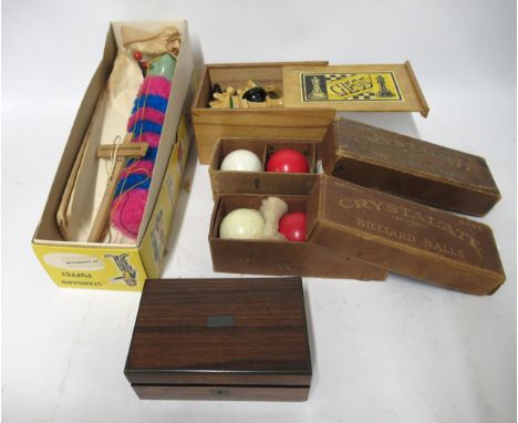 Standard Pelham puppet, A6 caterpillar, boxed chess set, two boxed sets of Crystalate billiard balls and a small rosewood box