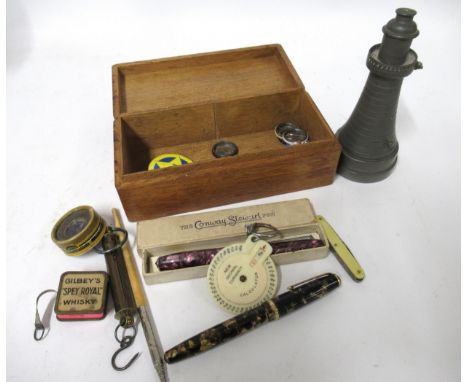 Pewter table lighter in the form of a lighthouse, two fountain pens and sundries