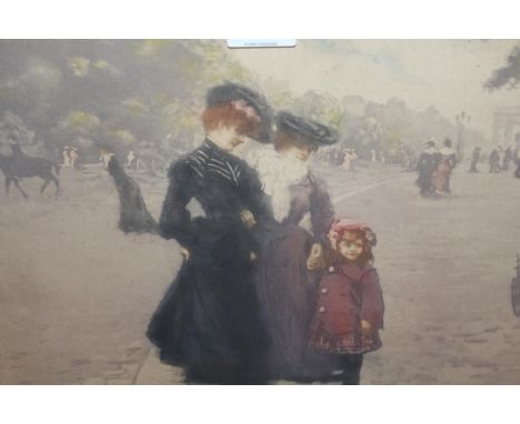 Manuel Robbe, coloured etching, figures on the Champs Elysée, 28 x 39cm, gilt framed