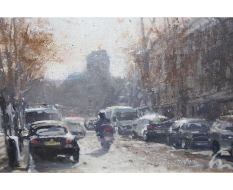 Late 20th Century oil on canvas board, street scene with various parked vehicles, indistinctly signed, 14 x 29cm, together wi