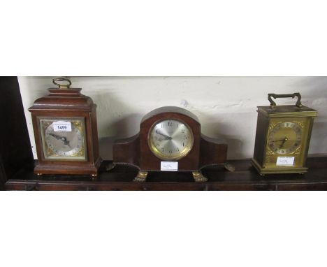 Small mahogany cased mantel clock by Elliott, together with two other mantel clocks, and a small oval brass cased carriage cl