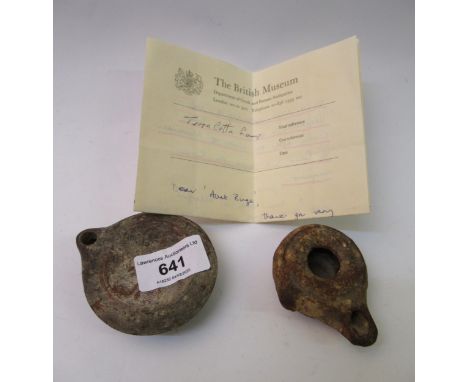Small Hellenistic terracotta oil lamp, 3rd or 2nd Century BC, 7cm long, together with another similar oil lamp