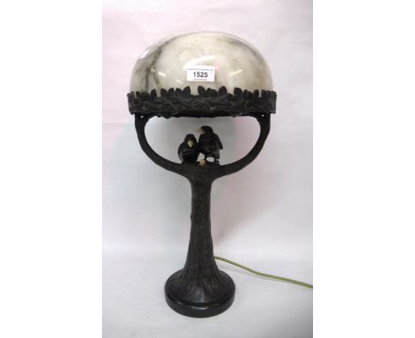Austrian type brown patinated bronze and alabaster table lamp formed as birds nesting in a tree (alabaster shade with restora