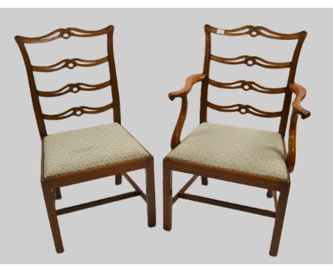 Set of eight (six plus two) reproduction mahogany dining chairs in Chippendale style, the pierced carved ladder backs above d