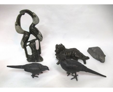 Pair of brown patinated spelter figures of pheasants, together with two composite sculptures and marble fossil inset sculptur
