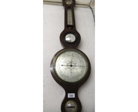 George III mahogany banjo shaped wheel barometer with a swan neck pediment above silvered dials and a bullseye glass, signed 