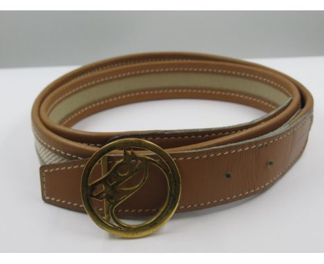 Hermes, narrow leather and toile belt with cheval buckle, size 80Slight scuffs and stains from use, scratching to buckle and 