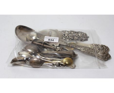 Quantity of various antique and later silver tea and coffee spoons, silver handled shoe horn and two Scandinavian servers, sm