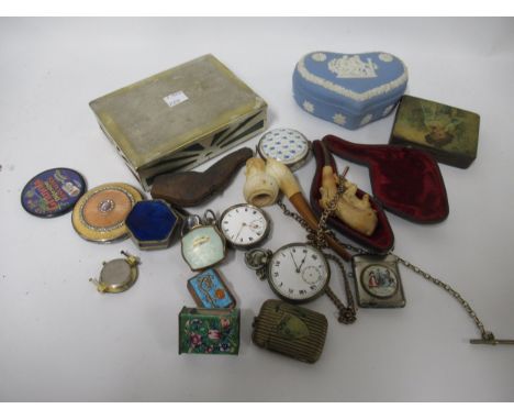 Two vesta cases, three meerschaum pipes, two pocket watches, and miscellaneous itemsSome damage to the mouth piece on the pip
