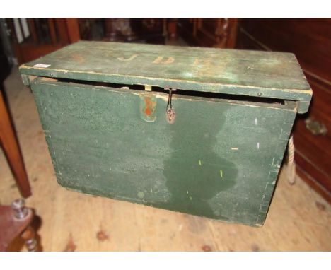 Small 19th Century green painted pine trunk, 66cm wideThe lid doesn't close as is a bit stiff from paint and wood movement. C