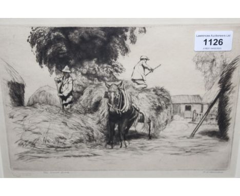 Alfred Richard Blundell, signed etching ' The Third Load ', 17 x 25cm, gilt framedGood condition