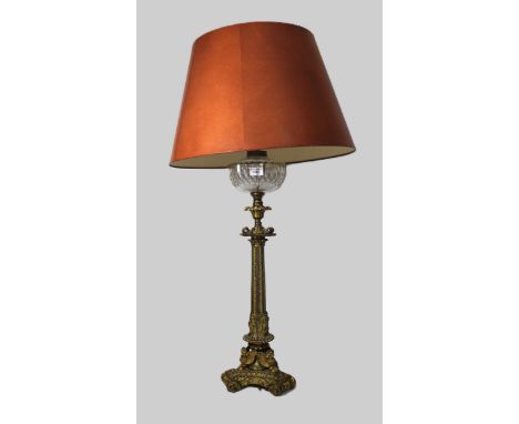 Good quality 19th Century gilt brass and cut glass oil lamp adapted for use with electricity, with a later height adjustable 