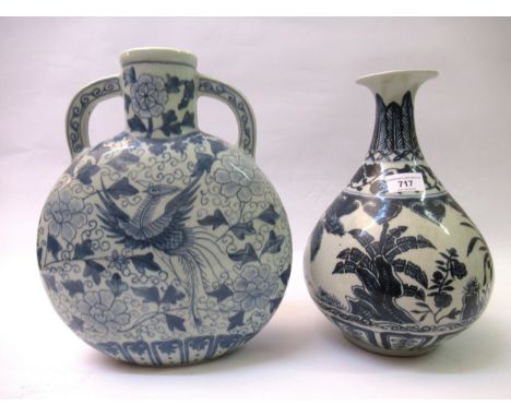 Modern Chinese blue and white two handled moon flask, 33cm high together with a similar baluster form vase, 30cm high