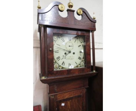 19th Century mahogany crossbanded and oak longcase clock, the broken arch pediment above a square painted dial with Roman num