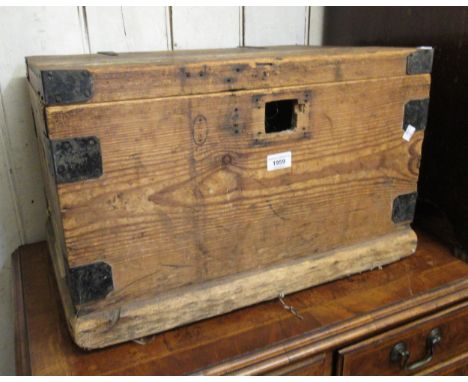Small 19th Century stripped pine trunk with hinged cover