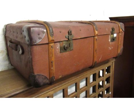 Early 20th Century brown canvas wooden bound trunk with brass locks, a laundry basket and cover, together with a 19th Century
