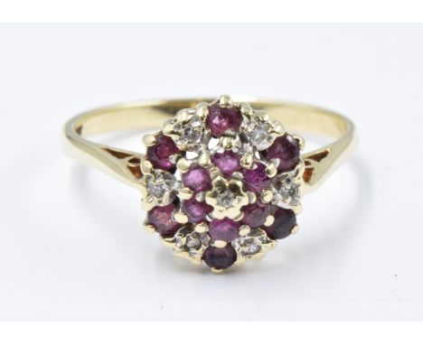 9ct Gold circular ruby and diamond cluster ring, size J, 1.6g