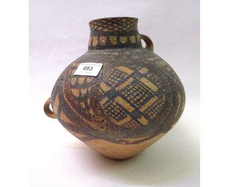 Chinese pigment painted pottery two handled jar, possibly Neolithic, 23cms high (various surface marks, rim chips and touchin