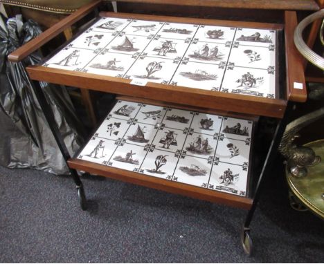 1960's Teak and metal two tier tea trolley with simulated tile top inscribed ' Original Ney '