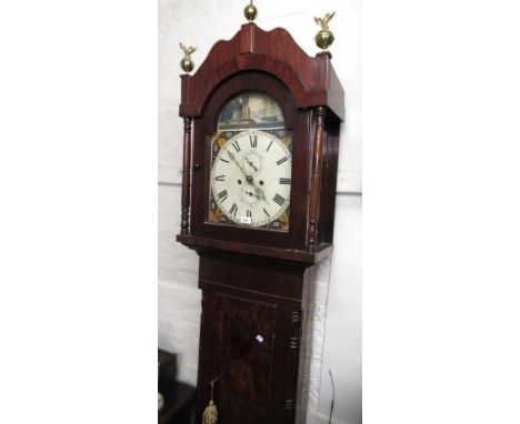 19th Century mahogany longcase clock, the arch top painted dial decorated with a sailing ship, with subsidiary dials and two 