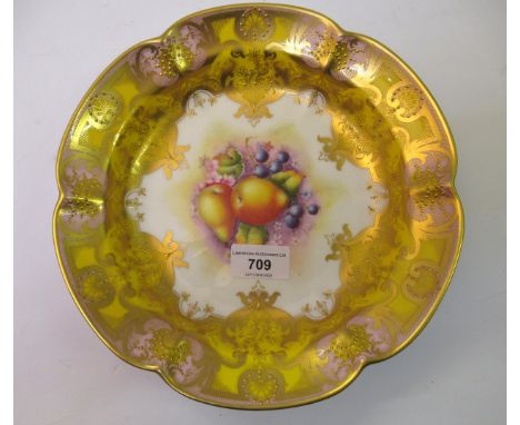 Royal Worcester fruit bowl, painted with fruits, by R. Lewis within a yellow, pink and gilt border, 9.5ins diameterMinor loss