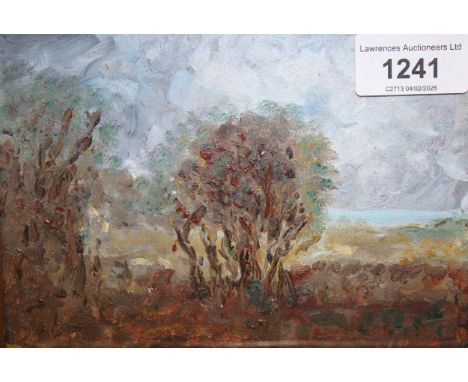 After Constable, small oil on board, trees in a landscape, 11cms x 16cms approximately, gilt framed