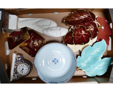 A mixed collection of items to include: Carltonware leaf shape plates, similar Rouge Royale Ashtrays, 20th Century Chinese bo