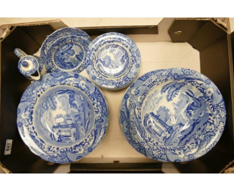 A collection of Blue &amp; White Spode Italian Patterned items to include: large rimmed serving bowls, dinner plates, finger 