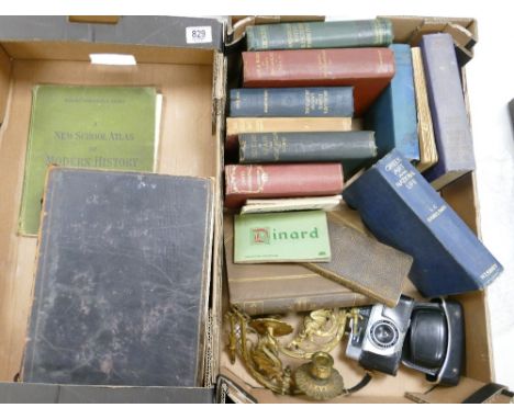 A mixed collection of items to include: Antique Books, Ornate Brass Candle fittings, Kodak Camera &amp; leather Bound Family 