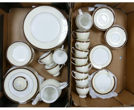 A large collection of Royal Grafton Sienna Tea &amp; Dinner ware: including tea set, dinner plates, teapot etc(2 trays) 