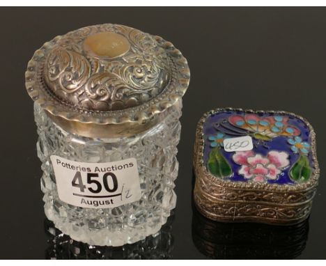 Victorian Silver Topped Glass Pot: 1891 Birmingham, together with white metal small enameled compact, height of tallest 8cm(2